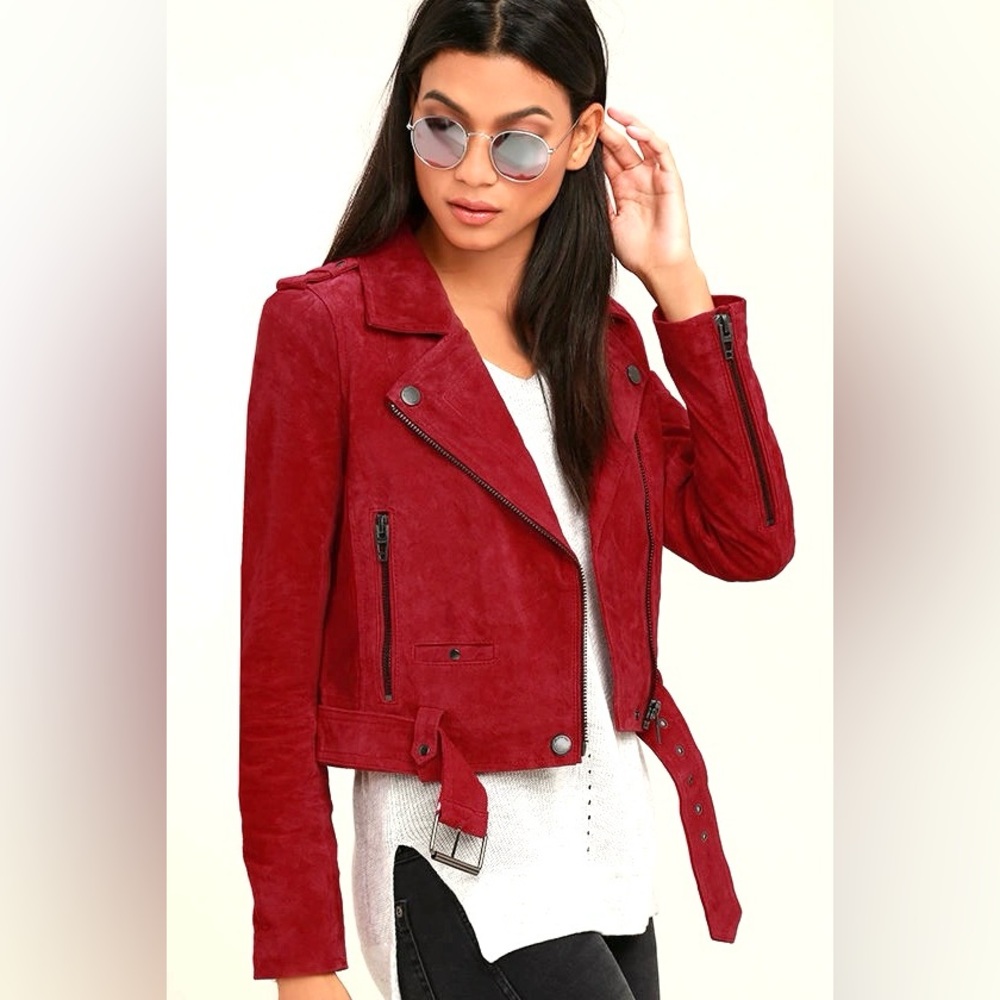 Blank NYC $198 Women’s Backhanded Red Suede Leather Moto Jacket Size S NWT - Picture 3 of 9
